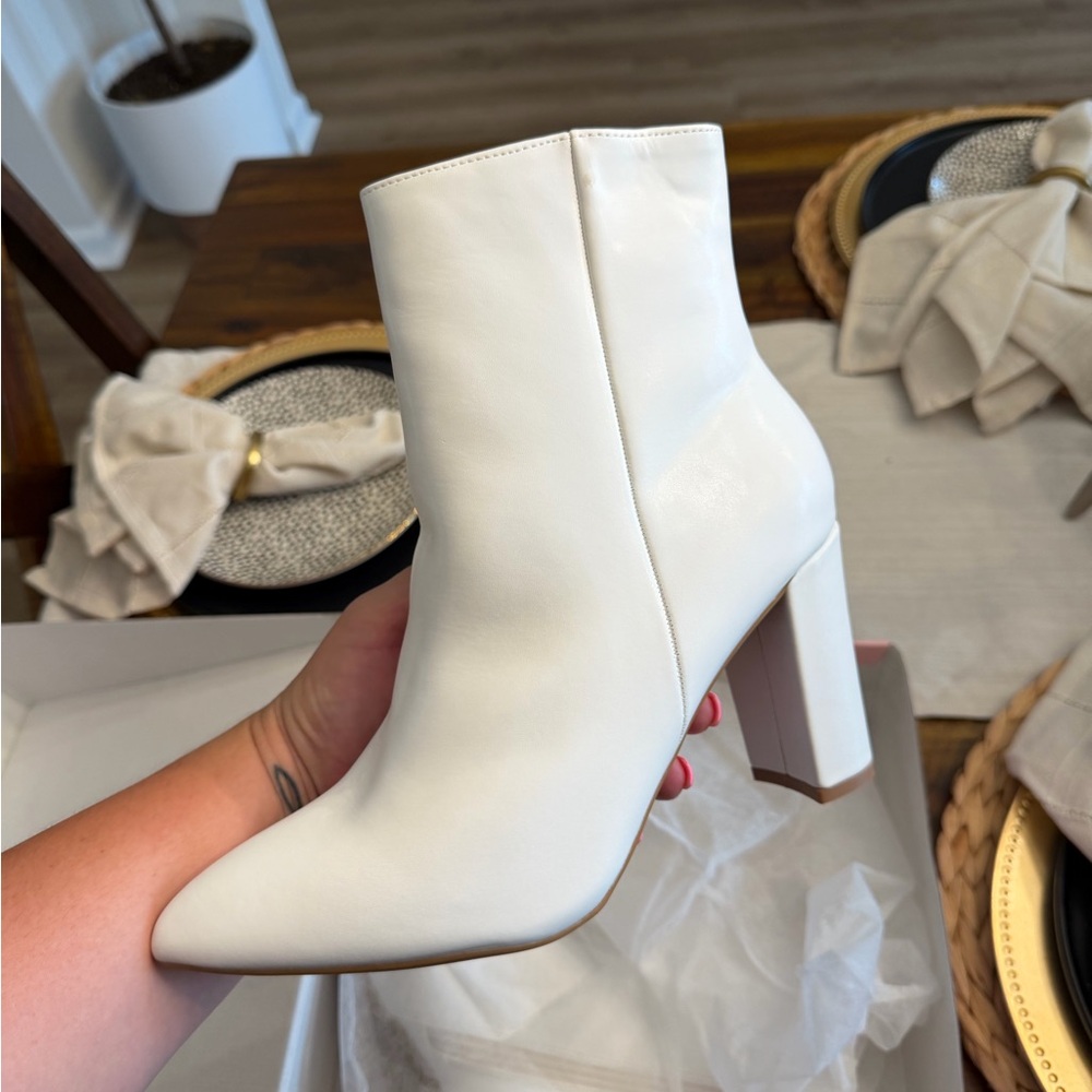 Sara White Pointed Toe Block Heel Ankle Boots